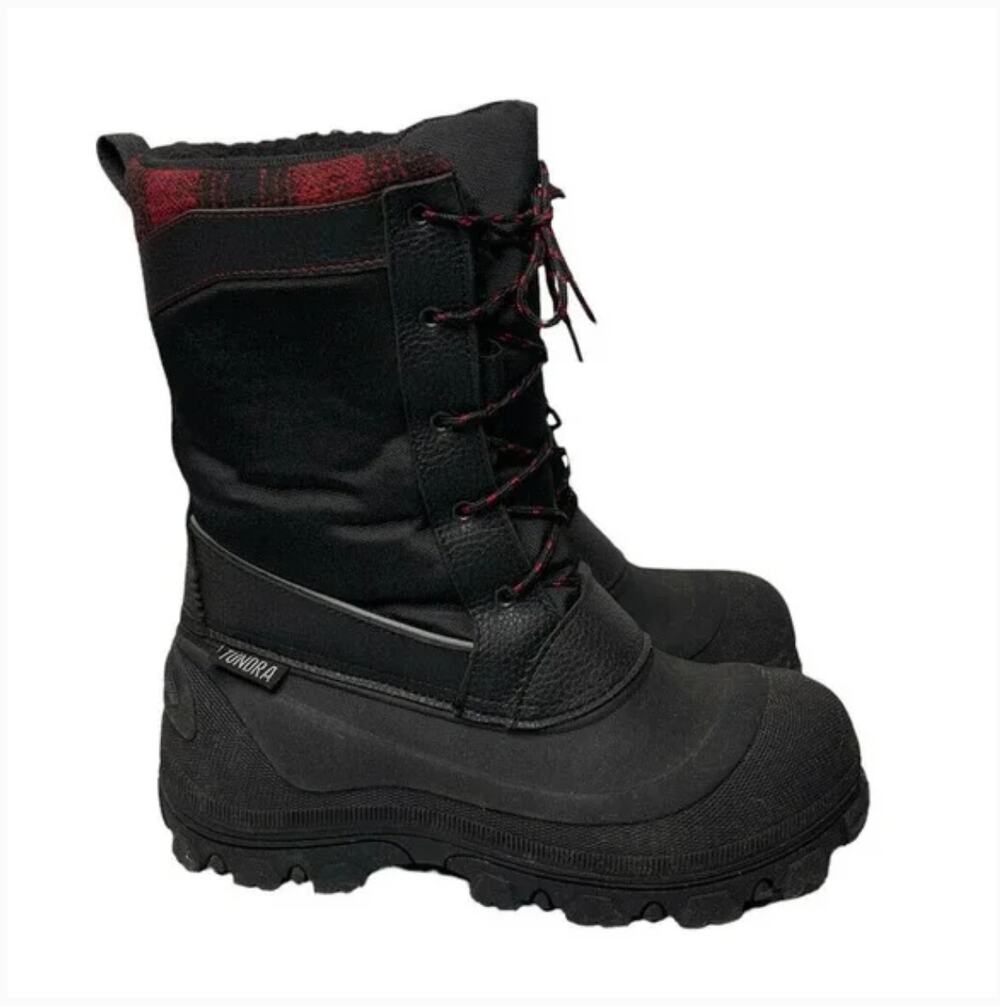 Tundra Mens Kisco Snow Boots 11 Black Red NWT Buffalo Plaid Waterproof Snow